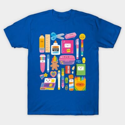 Blue T-shirt with colorful school supplies graphic design, featuring pencils, erasers, scissors, and notebooks.