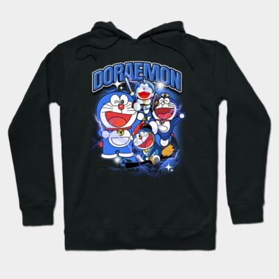 Black hoodie with colorful cartoon characters and "Doraemon" text design, casual wear, cotton blend material.