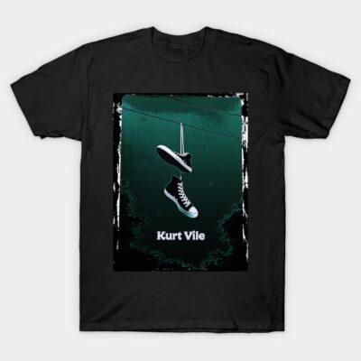Black graphic T-shirt with sneaker design and text, casual style, perfect for everyday wear.