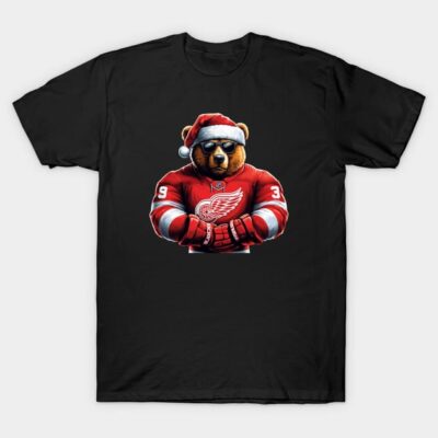 Black t-shirt featuring a cool bear in a red sports jersey with Santa hat, perfect for casual wear and festive occasions.