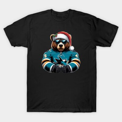 Black T-shirt with festive bear graphic, wearing sunglasses and Santa hat, ideal for holiday wear.