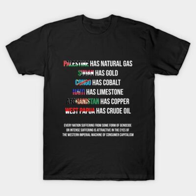 Black t-shirt with bold text design featuring countries and their resources. Casual style, cotton material.