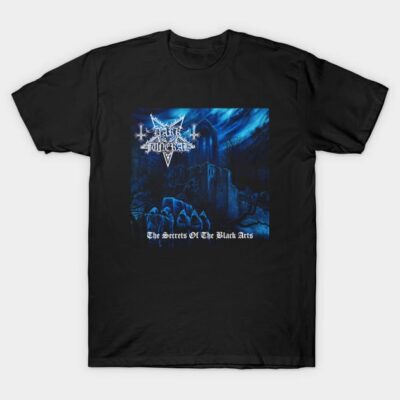 Black graphic t-shirt featuring gothic artwork and text, perfect for casual wear and fans of dark-themed apparel.