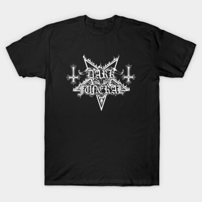 Black graphic t-shirt with gothic design, featuring cross and flames. Ideal for casual wear, made of cotton blend.