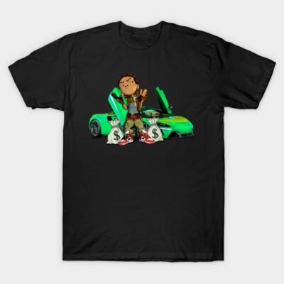 Black t-shirt featuring cartoon character with green sports car and money bags, casual streetwear style.