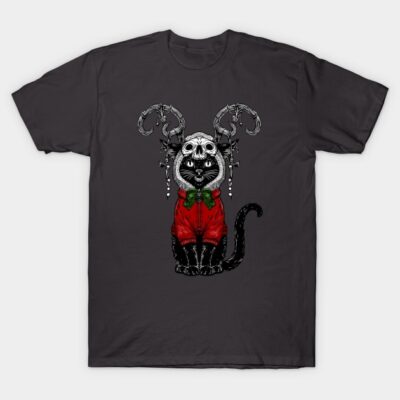 "Dark gray t-shirt with gothic cat design in red outfit and skull antlers, perfect for alternative fashion lovers."