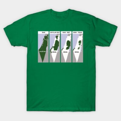 Green cotton T-shirt with historical map design, showcasing territorial changes. Casual style, suitable for everyday wear.