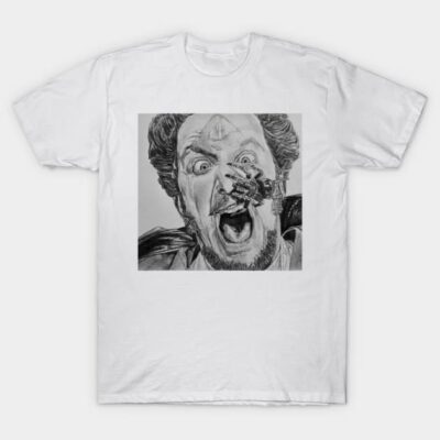 White graphic t-shirt featuring a black and white drawing of a surprised face with insect, casual cotton apparel.