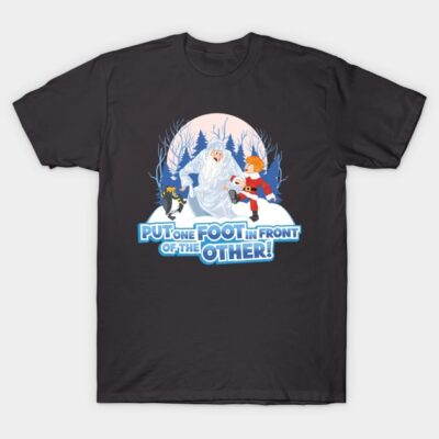 Black t-shirt with winter scene graphic and motivational text, perfect for casual wear and holiday gifting.