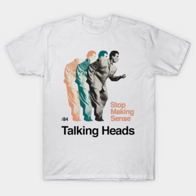 White graphic t-shirt with colorful vintage design and text "Stop Making Sense" and "Talking Heads" for casual wear.