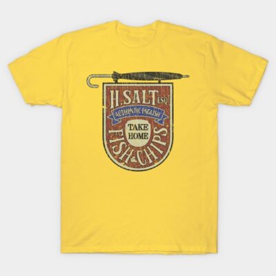 Yellow t-shirt with vintage fish and chips graphic, casual style, cotton material, perfect for everyday wear.