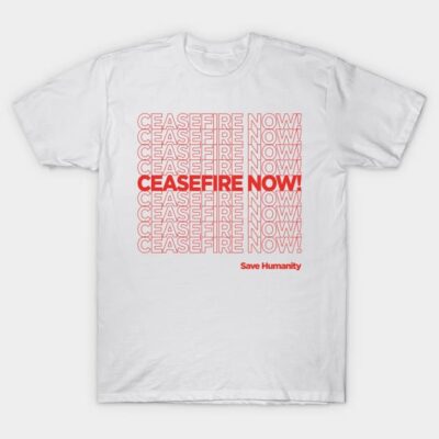 White cotton t-shirt with "Ceasefire Now!" red text design, casual style, unisex, ideal for everyday wear.
