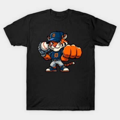 Black T-shirt featuring a cartoon tiger in baseball attire, perfect for sports fans. Comfortable cotton material.