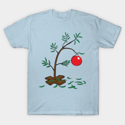 Light blue t-shirt featuring a minimalist Christmas tree design with red ornament, casual holiday apparel.