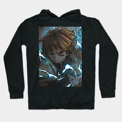 Black anime-themed hoodie with vibrant lightning graphic, cotton material, casual wear, unisex style.