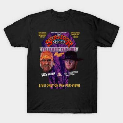 Black vintage wrestling event t-shirt featuring bold graphics and colorful text, perfect for casual wear and collectors.