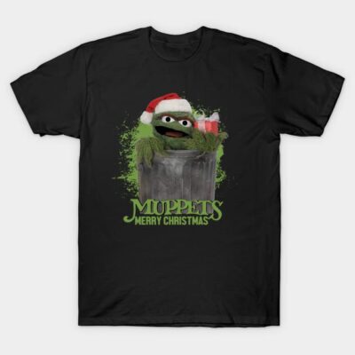 Black Christmas-themed t-shirt featuring green character in trash can with Santa hat, "Muppets Merry Christmas" text.