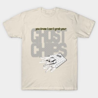 Beige graphic tee with "Ghost Chips" text and fries design, casual style, cotton material, ideal for everyday wear.