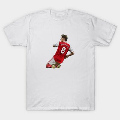 White t-shirt featuring a red and white soccer jersey graphic with number 8, perfect for casual wear and sports fans.