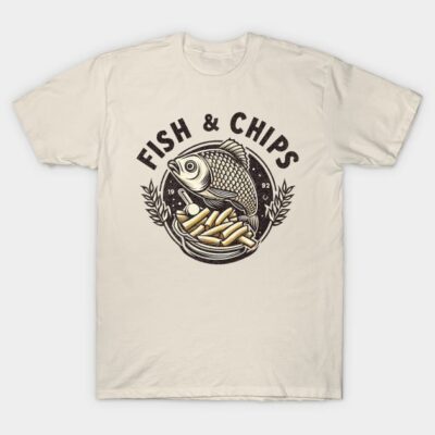 Cream t-shirt with fish and chips graphic, casual style, cotton material, perfect for food lovers and everyday wear.