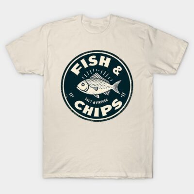Beige t-shirt with "Fish & Chips" graphic design, casual style, soft cotton material, perfect for everyday wear.