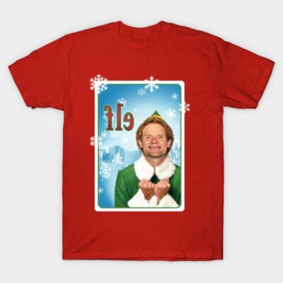 Red Christmas-themed t-shirt with festive graphic and snowflake design, ideal for holiday celebrations and casual wear.