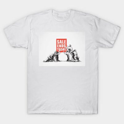 White graphic t-shirt with "Sale Ends Today" design, casual style, cotton material, perfect for everyday wear.