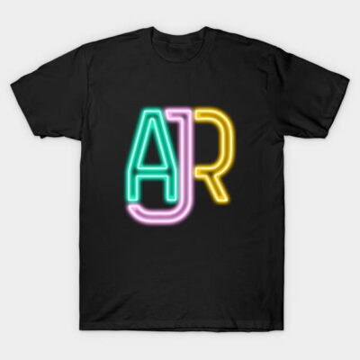 Black t-shirt with colorful neon-style letters design, ideal for casual wear, made from soft cotton fabric.