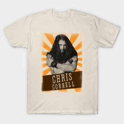 Beige graphic tee with vintage rock design, featuring bold orange accents. Perfect for casual wear or music fans.