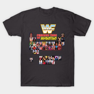 Black T-shirt featuring colorful periodic table design of superstars, casual style, cotton material.