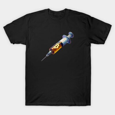 Black t-shirt with colorful syringe and Bitcoin logo design, casual style, cotton material, unisex fashion.