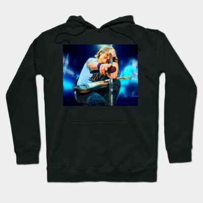 Black hoodie with vibrant concert print, cozy style, ideal for music lovers, cotton blend, casual wear.