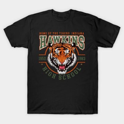 Black Hawkins High School T-shirt featuring tiger graphic and vintage lettering, perfect for casual wear or school spirit.