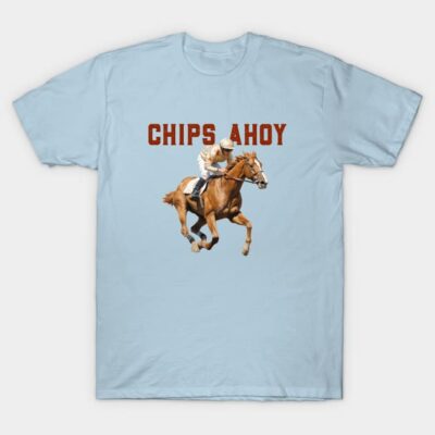 Light blue "Chips Ahoy" t-shirt featuring horse and rider graphic, casual cotton tee for everyday wear.