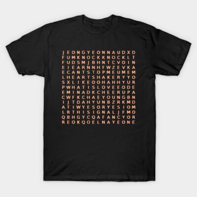 Black T-shirt with orange word puzzle design, casual style, perfect for daily wear, made from soft cotton material.