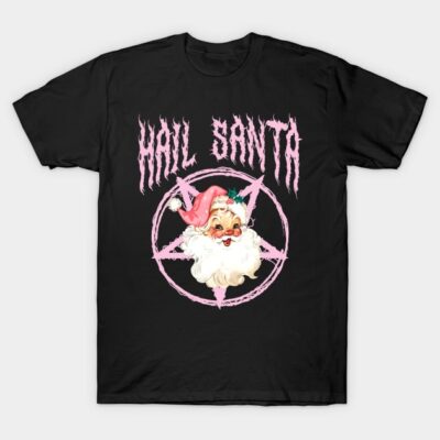 Black t-shirt with festive Santa graphic and pink pentagram design, ideal for holiday wear, cotton material.