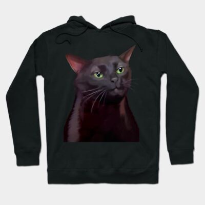 Black hoodie with green-eyed cat print, casual and cozy style, perfect for cool weather and everyday wear.