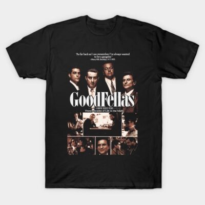 Black "Goodfellas" graphic T-shirt featuring classic movie poster design, casual wear, cotton material.
