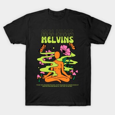Black graphic t-shirt with colorful meditative design, featuring floral and abstract elements, made of 100% cotton.