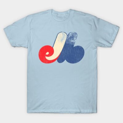 Light blue t-shirt with vintage-style red, white, and blue abstract logo design. Casual cotton tee for everyday wear.