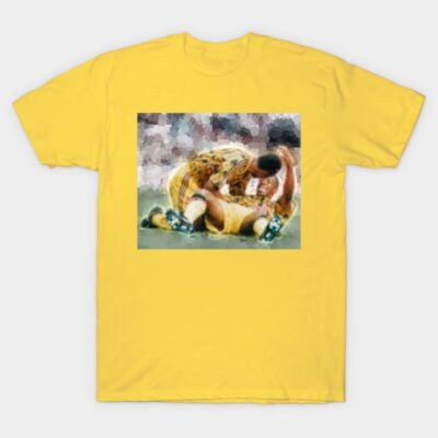 Yellow t-shirt featuring colorful sports-themed graphic, casual style, ideal for everyday wear.