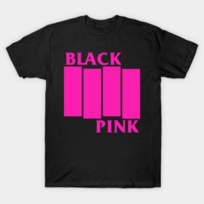 Black t-shirt with bold pink graphic design and text, casual unisex style, perfect for everyday wear.