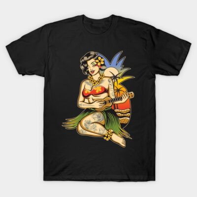 Black t-shirt with retro Hawaiian hula girl graphic, colorful design, casual wear, cotton fabric.