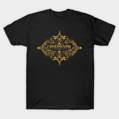 Black T-shirt with ornate gold Continental NYC design, casual style, cotton material, perfect for everyday wear.