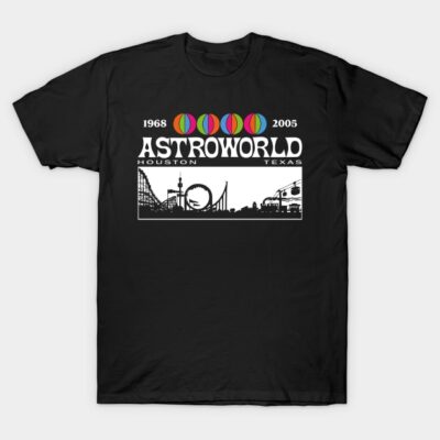 Black Astroworld Houston Texas T-shirt, featuring colorful spheres and amusement park graphic, cotton material, casual wear.
