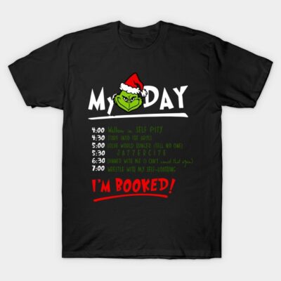 Black T-shirt with humorous holiday schedule print, featuring festive colors and playful design, perfect for casual wear.