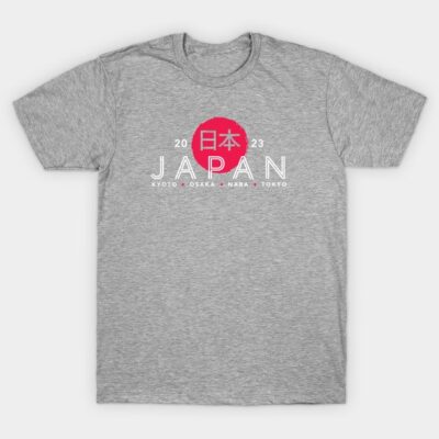 Gray Japan 2023 t-shirt with red circle design, featuring city names, casual style, cotton blend, unisex.