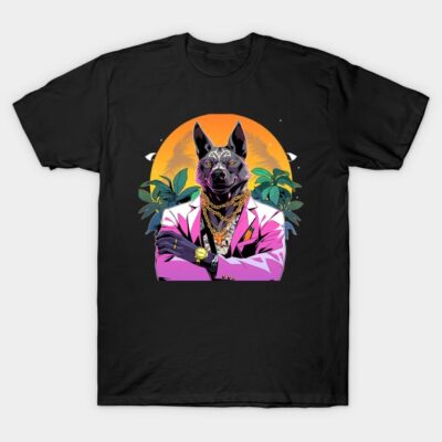 Black t-shirt with colorful graphic of dog in a pink suit, palm trees, and sunset design. Casual fashion wear.