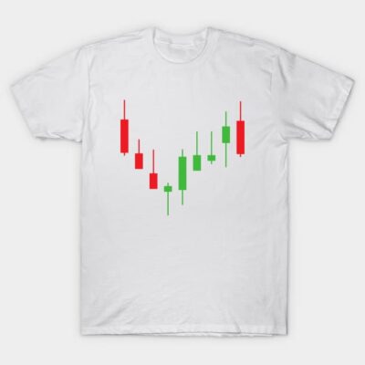 White t-shirt with red and green candlestick chart design, ideal for stock market enthusiasts, 100% cotton material.