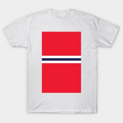 White t-shirt with a bold red and blue abstract geometric design, casual style, suitable for everyday wear.
